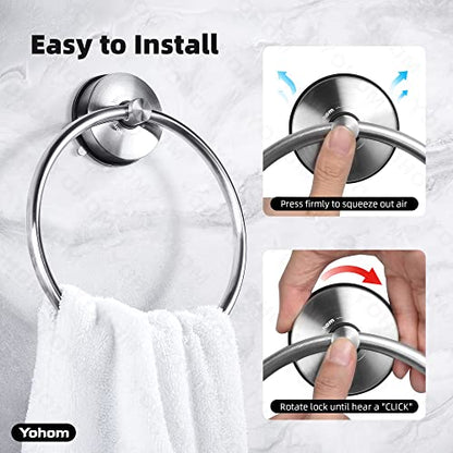 YOHOM Suction Cup Towel Ring Hand Towel Holder for Bathroom Vacuum Suction Washcloth Holder Dish Towel Hanger for Shower Wall No Drill Stainless Steel Brushed Finish - color: Silver