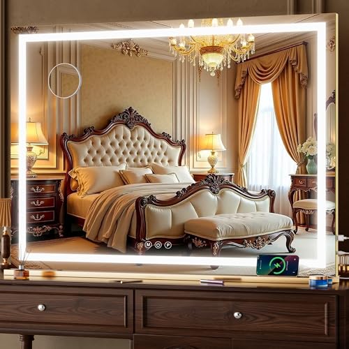 Hasipu Vanity Mirror with Lights, 32" x 24" LED Makeup Mirror, Lighted Makeup Mirror with Dimmable 3 Modes, Touch Screen Control Vanity Mirror Square Gold - color: Gold, size: 32"L × 24"W