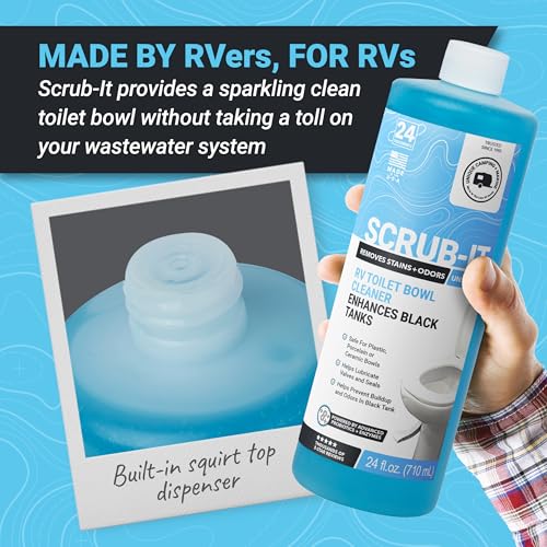 Unique Scrub-It Liquid RV Toilet Bowl Cleaner, Helps Lubricate Seals, 24 oz | Targeted squirt-top bottle for RV toilet bowls, cleans stains, odors, & debris; non-caustic formula; unscented - size: 24 Fl Oz (Pack of 1)