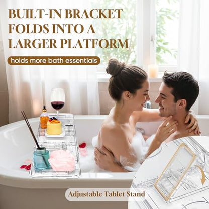 Expandable Clear Acrylic Bathtub Tray Caddy, Foldable Tub Bath Tray with Drain Slots, Slip-Resistant Waterproof Bathroom Shelf Caddy & Home Spa Gift for Women