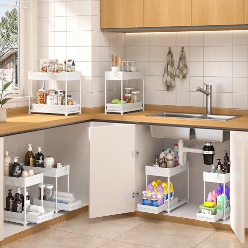 3 Pack Under Sink Organizers, 2-Tier Multi-Use Kitchen and Bathroom Organizers and Storage with Sliding Drawers, Bathroom Cabinet Organizer (White, 14.8 Inch) | Multi-use kitchen & bathroom storage, 14.8 inch white cabinet organizer, space-saving sliding