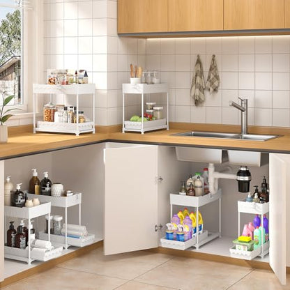 3 Pack Under Sink Organizers, 2-Tier Multi-Use Kitchen and Bathroom Organizers and Storage with Sliding Drawers, Bathroom Cabinet Organizer (White, 14.8 Inch) | Multi-use kitchen & bathroom storage, 14.8 inch white cabinet organizer, space-saving sliding