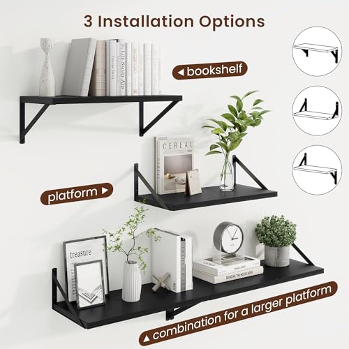 20 Inch Floating Shelves, 10 Inch Deep Black Wall Shelves Set of 2 | 20'' x 10'' Rustic Wood Shelves with Heavy Duty Brackets, Deep Shelves for Bathroom, Living Room, Engineered Wood, 35LBS - color: Black, size: 20W x 10D
