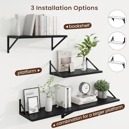 20 Inch Floating Shelves, 10 Inch Deep Black Wall Shelves Set of 2 | 20'' x 10'' Rustic Wood Shelves with Heavy Duty Brackets, Deep Shelves for Bathroom, Living Room, Engineered Wood, 35LBS - color: Black, size: 20W x 10D