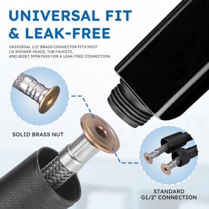 63" Shower Hose, Stainless Steel Shower Head Hose Extension, Black | Stainless Steel Material, Stretchable Design, Tangle-Free Design, Double Buckle Design, Handheld Shower Hose for Bathroom - color: Black, size: 63inch