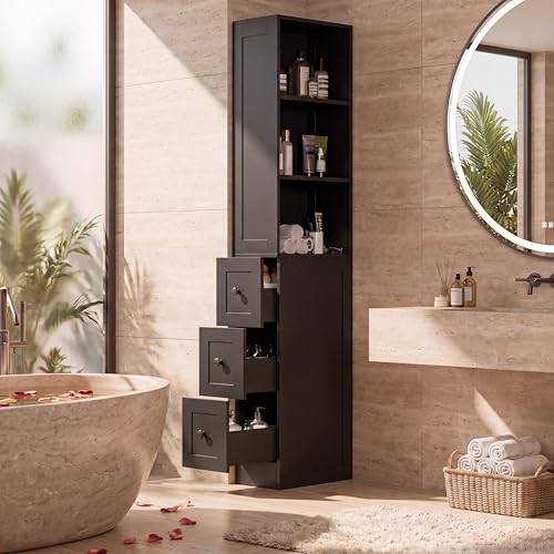 Tall Narrow Bathroom Storage Cabinet, 67" Floor Cabinet with 2-Way Reversible Door & 3 Drawers, Narrow Pantry Linen Tower with Adjustable Shelves for Small Space, Kitchen, Laundry, Black - color: Black