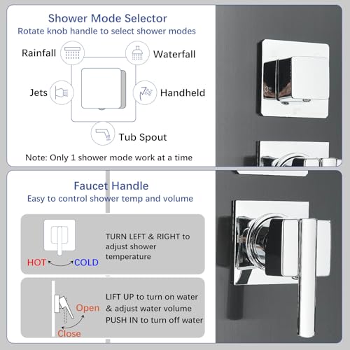 AlenArt Stainless Steel LED Shower Panel Tower System, Bathroom 5-Function Shower Panel Tower with LED Rainfall Waterfall Shower Head, Massage Jets, Tub Spout, Handheld Shower, Black-8126 - color: Black-8126