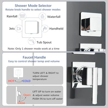 AlenArt Stainless Steel LED Shower Panel Tower System, Bathroom 5-Function Shower Panel Tower with LED Rainfall Waterfall Shower Head, Massage Jets, Tub Spout, Handheld Shower, Black-8126 - color: Black-8126