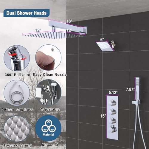 Enga Thermostatic Dual Shower System, 12"+6" Wall Mount Dual Rain Shower Faucet, All Functions Use Together & Volume Adjustable, Chrome - color: Chrome, style: ‎12"+6" Head