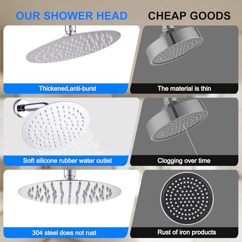 Rain Shower Head - 10 Inch Round 304 Stainless Steel Metal Shower Head Self-Cleaning Silicone Nozzles Pressure Boosting Design Ceiling or Wall Mount Rainfall Showerhead - size: 10 Inch Round
