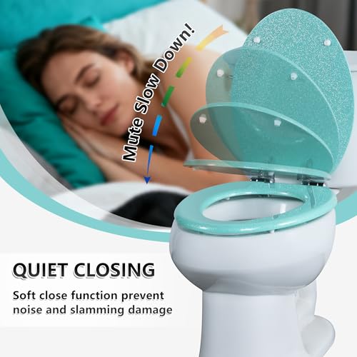 Angol Shiold Glitter Toilet Seat Molded Wood Elongated Toilet Seat with Quietly Close and Quick Release Hinges, Easy to Clean also Easy to Install (Elongated 18.5'', Green) - color: Green, size: Elongated 18.5‘’