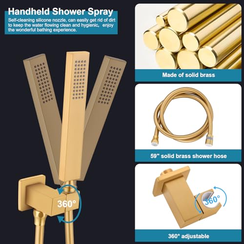 Shower Faucet Set 10 Inch Square Rain Head Brushed Gold w Handheld Sprayer & Valve - color: Gold-Square, style: 10"