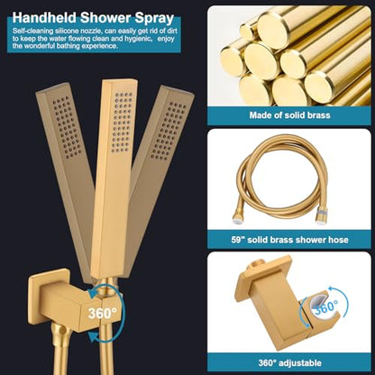 Shower Faucet Set 10 Inch Square Rain Head Brushed Gold w Handheld Sprayer & Valve - color: Gold-Square, style: 10"