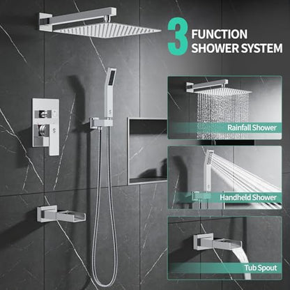 SR SUN RISE 12 Inch All Metal Square Shower System with Tub Spout, Tub Shower Faucet Set, High Pressure Rain Shower Head and Handheld Sprayer Shower Fixtues, Valve Included, Polished Chrome - color: Polished Chrome, size: 12 Inch