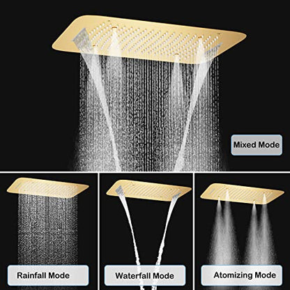 Brushed Gold Shower System with 16 X 24inch Large Triple Function Rain Waterfall Mist Shower Head, Ceiling Shower Faucet Fixtures Set with Thermostatic Shower Valve and 6PCS Shower Body Jets - color: Brushed Gold