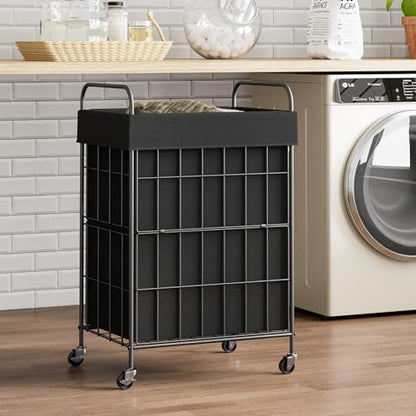 90L Laundry Hamper with Wheels, Laundry Basket with Handle and Liner Bag | Lockable Casters; Reinforced Frame; Breathable Fabric; Space-Efficient Design - color: Black, size: 90L-1 Section