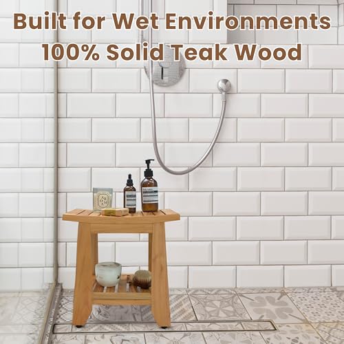 Teak Shower Bench Stool, 14'' Compact Waterproof Wooden Sauna Bath Bench with Storage Shelf, Non-Slip Solid Teak Shower Seat Chair for Small Bathrooms Inside Shower and Outdoor Use - size: 14''W x 10''D x 15''H