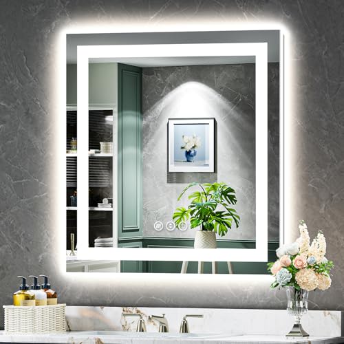 32x32 Inch LED Bathroom Mirror with Lights Front and Backlit Lighted Vanity Mirror for Bathroom Wall with 3 Colors Dimmable Anti-Fog Memory Shatter-Proof IP54 Waterproof Horizontal/Vertical - color: Backlit+front Lit, size: 32"L x 32"W