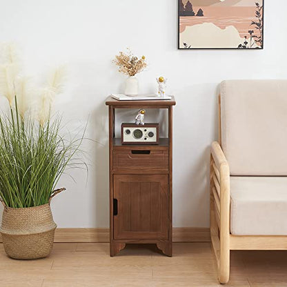 30 Inches Tall End Table, Fully Assembled Bathroom Floor Cabinet with Shelf and Storage, No Assembly Nightstand with Drawer for Bedroom-Walnut | Solid Wood; No Assembly; 30-Inch Tall; Drawer Storage; Slim Bathroom Cabinet; Side & End Table; Floor Storage