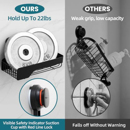 TAILI Shower Caddy Suction Cup Rustproof Metal Visible indicator Black | 2 Pack Rustproof,No Drilling Wall Mounted Basket, Upgraded Removable Suction Cup Bathroom Organizer Heavy Duty Shampoo - color: Visible indicator Black x2