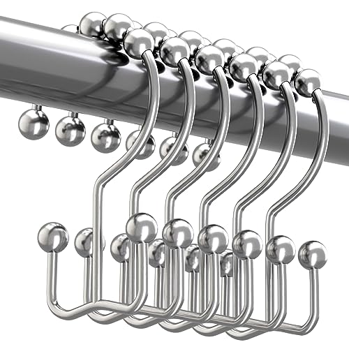 Titanker Double Shower Curtain Hooks, Rust Proof Shower Curtain Rings, Metal Shower Hooks for Bathroom Shower Rods Curtains, Set of 12 Hooks - Chrome - color: Chrome, style: Modern