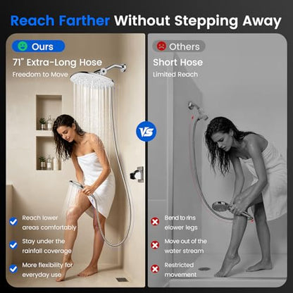 10" Rain Shower Head with Handheld Spray, Dual High Pressure Showerhead | Rainfall Shower Heads Combo with Multi Spray, Detachable Hand Showerhead Set with 71 Inch Shower Hose & Extra Holder - color: Chrome White