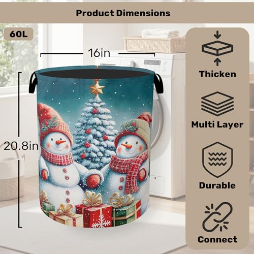Cute Winter Snowman Laundry Basket - Heavy Duty 60L Dirty Clothes Organizer, Water Resistant Foldable Hamper for Men Women - color: Cute Winter Snowman