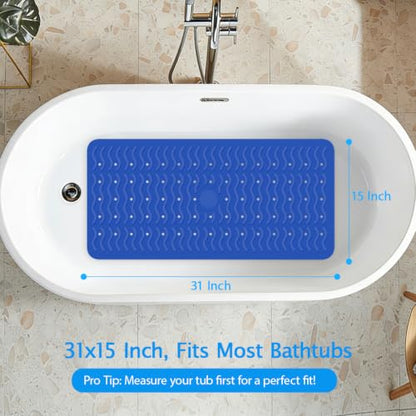 Non Slip Bathtub Mat & Shower Mat, 31x15 Anti Slip Bath Mat for Tub, Soft TPE Anti-Skid Bathroom Mat with 194 Suction Cups & Drain Holes, Wave-Textured Grip, Machine Washable (Deep Blue) - color: Deep Blue