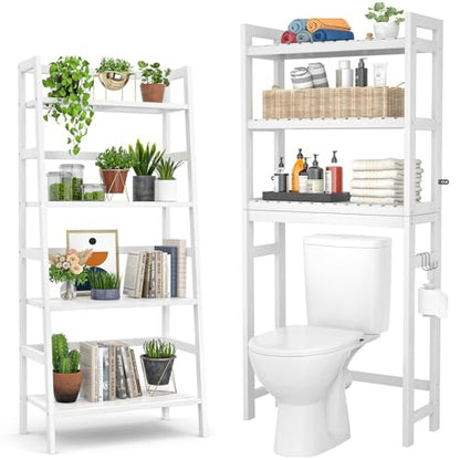 Bamboo Over The Toilet Storage and Ladder Shelf Bundle, White
