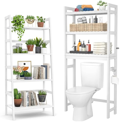 Bamboo Over The Toilet Storage and Ladder Shelf Bundle, White