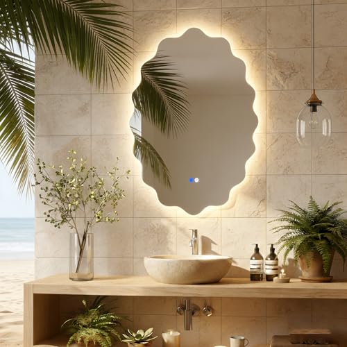 Oval LED Bathroom Mirror with Lights, Backlit Vanity Wall Mirror | Irregular Dimmable Backlit Mirror with 3 Color Lights, Anti-Fog, Stylish Oval LED Mirror for Bathroom Decor(22"x 30", 1 Pack) - size: 22"L x 30"W