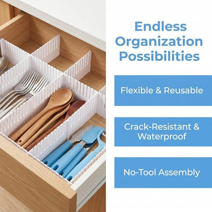 Adjustable Plastic Drawer Separators, 15 PCS Dividers + 25 Connectors, 14.96" Length x 4.33" Height, Cuttable Storage Organizer for Socks, Garments, Kitchen Tools, Bedroom & Bathroom Drawers - size: 14.96inch