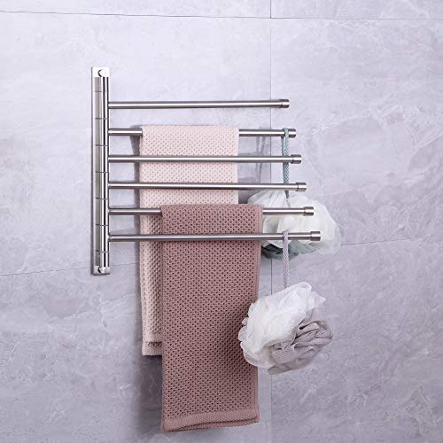 Swivel Towel Bar 6-Arm Bathroom Towel Holder Wall-Mounted Swing Out Towel Rack with Hooks Rustproof Brushed Finish - color: Brushed