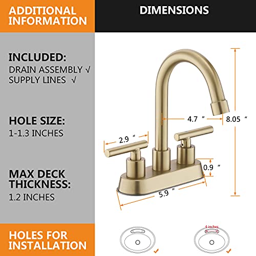 Brushed Gold Bathroom Faucet, 2-Handle 4" Centerset Sink Faucet with Drain | YardMonet Brushed Gold Bathroom Sink Faucet, 2-Handle Stainless Steel Vanity Faucet with Pop-up Drain and Supply Lines - color: Gold