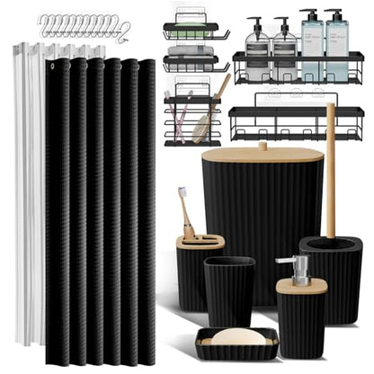 Clara Clark Black Bathroom Set, Shower Curtain Set and Shower Caddy Hanging | 25 Piece Bathroom Accessories Set with Toothbrush Holder, Soap Dispenser, Soap Dish, Toilet Brush, and Bathroom Trash Can - color: Black, size: Complete Set + Shower Caddy