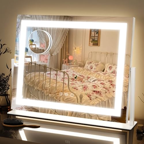 FENNIO Vanity Mirror with Lights 22''x18'' Makeup Mirror with Lights,Lighted Makeup Mirror with 10X Magnification and USB，Smart Touch Screen with 3-Color Lighting,Dimmable（Square White） - color: White, size: 22"L x 18"W