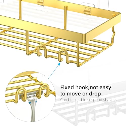 Moforoco 3-Pack Shower Caddy Basket Shelf with Soap Holder, No Drilling Traceless Adhesive Shower Wall Shelves, Rustproof Black Bathroom Shower Storage Organizer - color: Gold