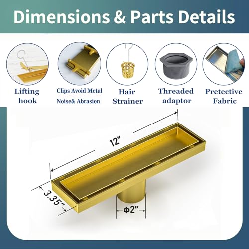 Neodrain 12" Gold Linear Shower Drain,2-in-1 Flat& Tile Insert Cover | 304 Stainless Steel,Fast Drainage, Durable,Rectangle Shower Floor Drain with Adjustable Feet,Hair Strainer,Fits Bathrooms - color: Golden, size: 12 In