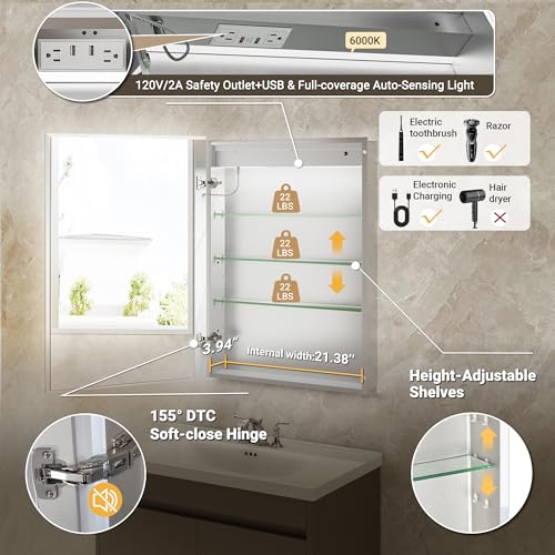 24x32 Front & Backlit Medicine Cabinet with LED Lights, 155°Soft-Close Hinge, Surface or Recessed Dimmable Lighted Medicine Cabinet Mirror with Clock Outlet Inner Light,Anti-Fog - size: 24x32'' (Left Hinge)