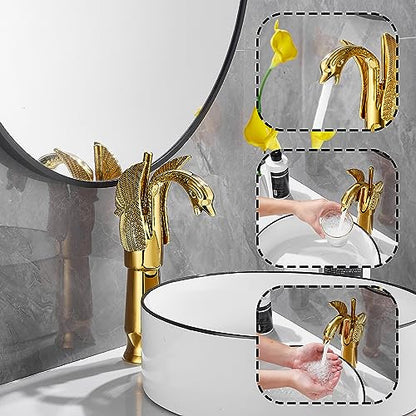 Gold Swan Shape Single Handle One Hole Bathroom Vessel Sink Faucet Deck Mount Lavatory Sink Faucet - color: Gold, size: Tall