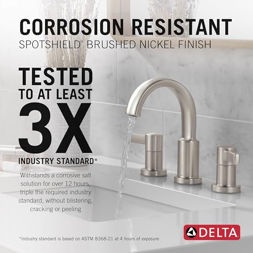 Delta Albion Brushed Nickel Bathroom Faucet 3 Hole, 8 Inch Widespread Bathroom Sink Faucet for Vanity, Metal Push-Pop Drain Assembly, SpotShield Brushed Nickel 35855LF-SP - color: Spotshield Stainless
