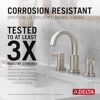Delta Albion Brushed Nickel Bathroom Faucet 3 Hole, 8 Inch Widespread Bathroom Sink Faucet for Vanity, Metal Push-Pop Drain Assembly, SpotShield Brushed Nickel 35855LF-SP - color: Spotshield Stainless