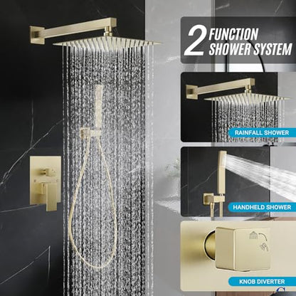 10" Square Rain Shower Faucet Set, Wall Mount, Brush Gold | 304 SS , air tech boosts pressure 50%, dual spray, anti-fingerprint - color: Brush Gold, style: 10''-Wall Mount