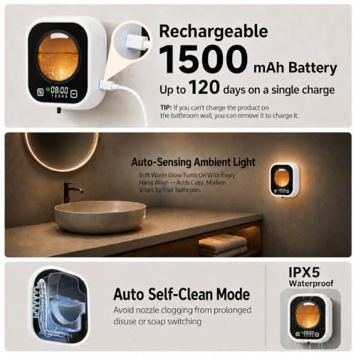 Automatic Soap Dispenser Touchless, Wall Mount, Rechargeable, Mood Lighting | 5 Adjustable Levels, IPX5 Waterproof, LED Clock, 320ML, Hand & Dish Soap for Bathroom Kitchen, White - color: White
