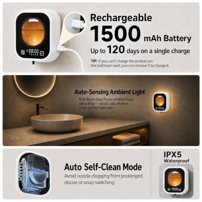 Automatic Soap Dispenser Touchless, Wall Mount, Rechargeable, Mood Lighting | 5 Adjustable Levels, IPX5 Waterproof, LED Clock, 320ML, Hand & Dish Soap for Bathroom Kitchen, White - color: White