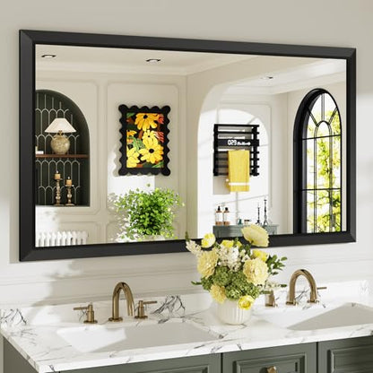 55x32 Inch Black Bathroom Mirror for Wall, Beveled Framed Rectangle Bathroom Vanity Mirrors for Over Sink, Bedroom, Living Room, Entryway, Anti-Rust, HD Tempered Glass, Horizontally/Vertically - size: 55"L x 32"W