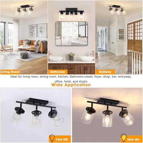 FadimiKoo 3-Lights Semi Flush Mount Ceiling Light, Adjustable Kitchen Light Fixtures Ceiling Mount with Clear Glass Shades, Rotatable Black Track Lighting Fixtures for Hallway, Foyer, Bedroom - color: Black, size: 3-Lights