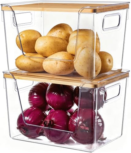 2 Set Pantry Organizers and Storage with Bamboo Lids, Stackable Clear Bins for Onion, Potato, Fruit, Vegetables, Trash Bag Dispenser, Kitchen and Under Sink Organizer - size: 2 Pack Large