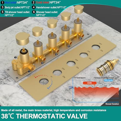 HOMEDEC 15.7x31.5" Rainfall and 6" Dual Shower Heads with Handheld Spray Combo, Full Body Shower System with 6pcs Body Jets, Brushed Gold - color: Brushed Gold, style: 4-Way + 1x 6" Top