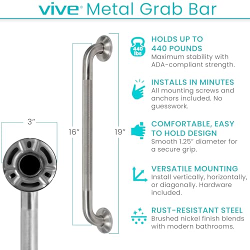 Vive 440lbs Grab Bar for Bathtubs and Showers (2 Pack) - Handicap Bathroom | Safety Rail for Elderly - Wall Senior Handle for Tub, Toilet, Bath - Disability Assist Device Accessories Handrail (16 Inch)